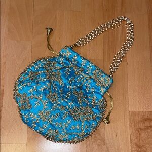 Elegant Blue and Gold Embroidered Women's Bag